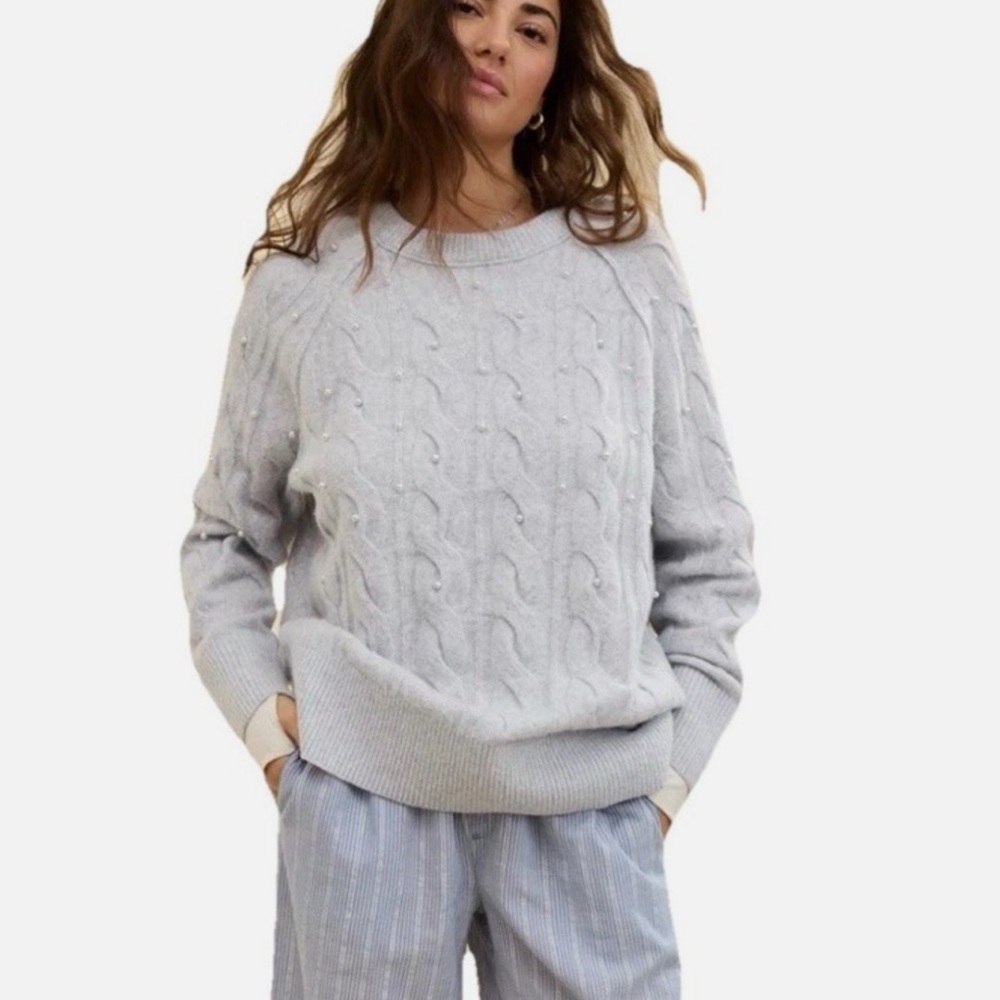 NWT Aerie unREAL Cable Pearl Crew Sweater Oversized Soft Gray